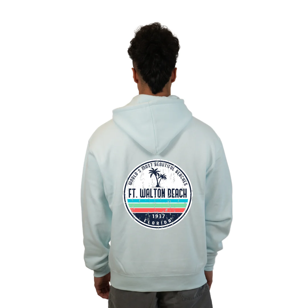 Ft. Walton Beach Pullover Hoodie Men with a a Front Pocket and back big circle 2 Palm Trees 1915 Design Style 252 - Image 6