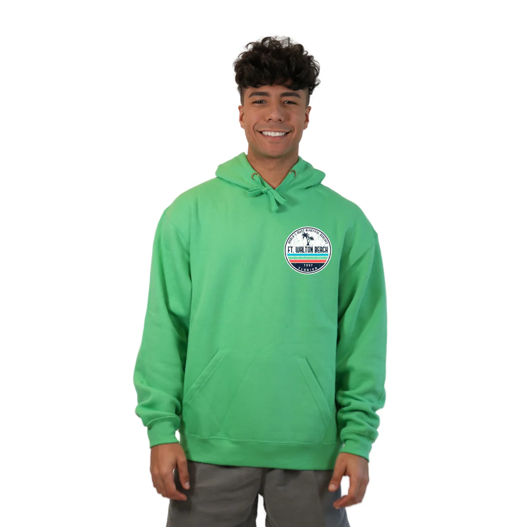 Ft. Walton Beach Pullover Hoodie Men with a a Front Pocket and back big circle 2 Palm Trees 1915 Design Style 252 - Image 7