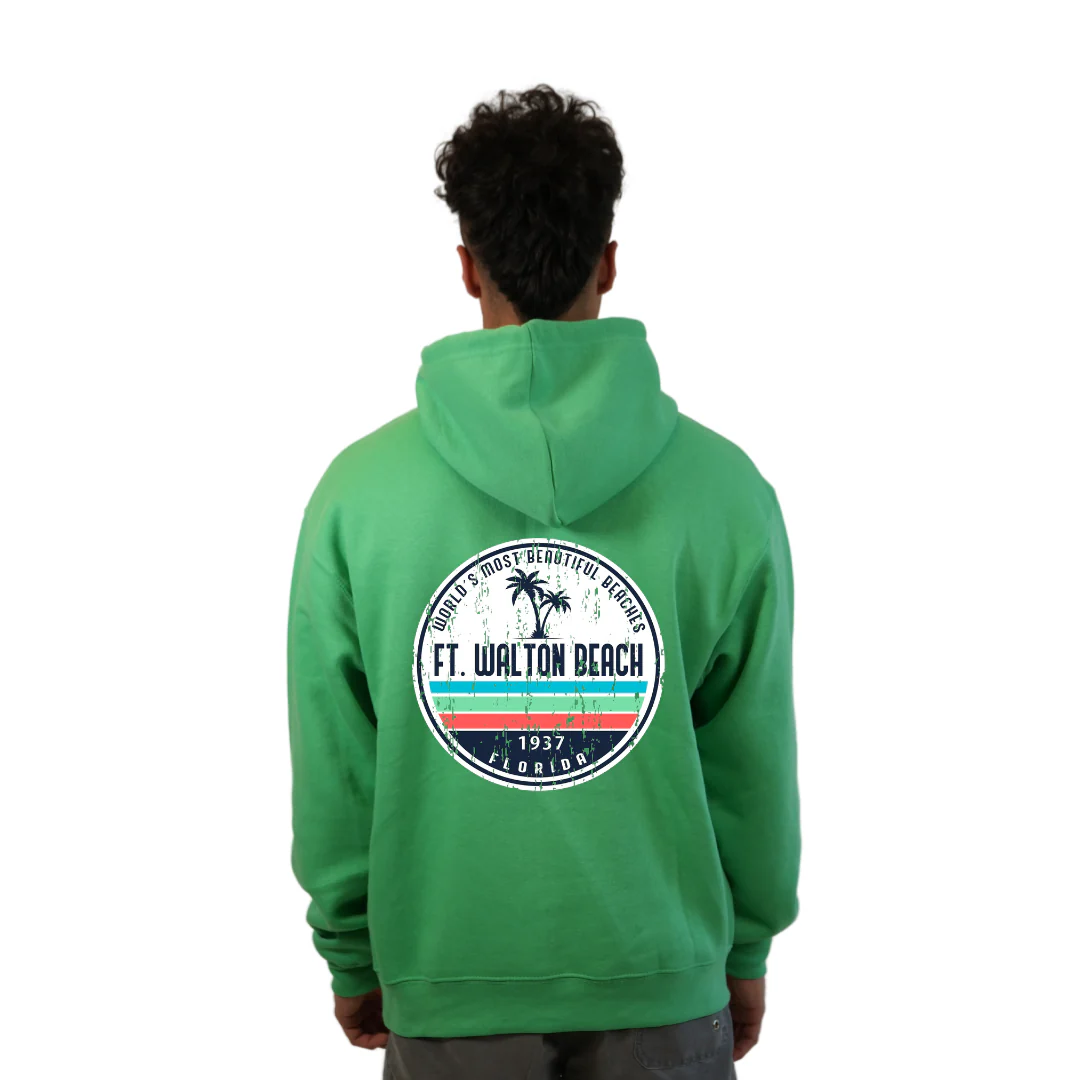 Ft. Walton Beach Pullover Hoodie Men with a a Front Pocket and back big circle 2 Palm Trees 1915 Design Style 252 - Image 8