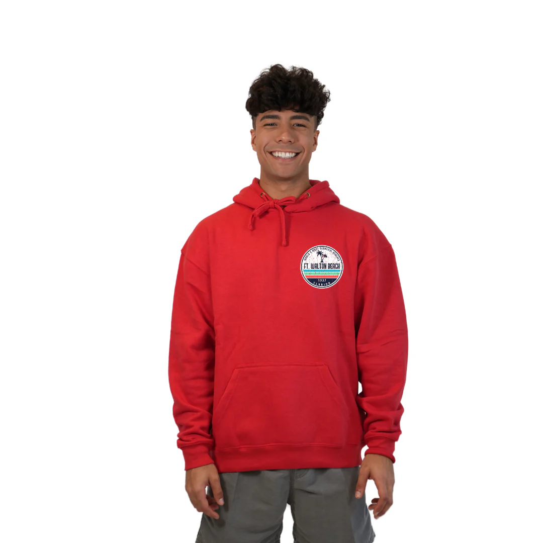 Ft. Walton Beach Pullover Hoodie Men with a a Front Pocket and back big circle 2 Palm Trees 1915 Design Style 252 - Image 9