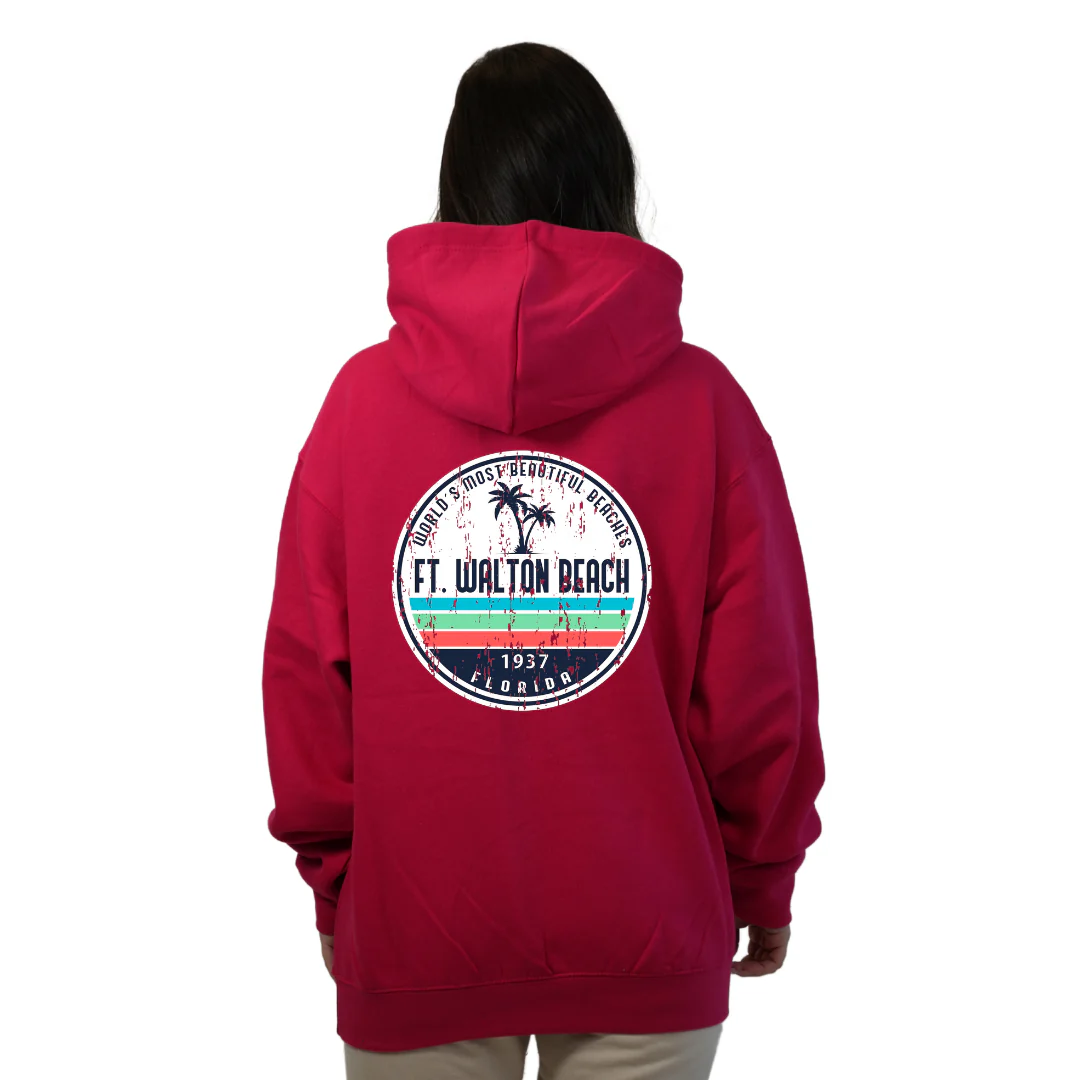 Ft. Walton Beach Pullover Hoodie Women with a a Front Pocket and back big circle 2 Palm Trees 1915 Design Style 252 - Image 10