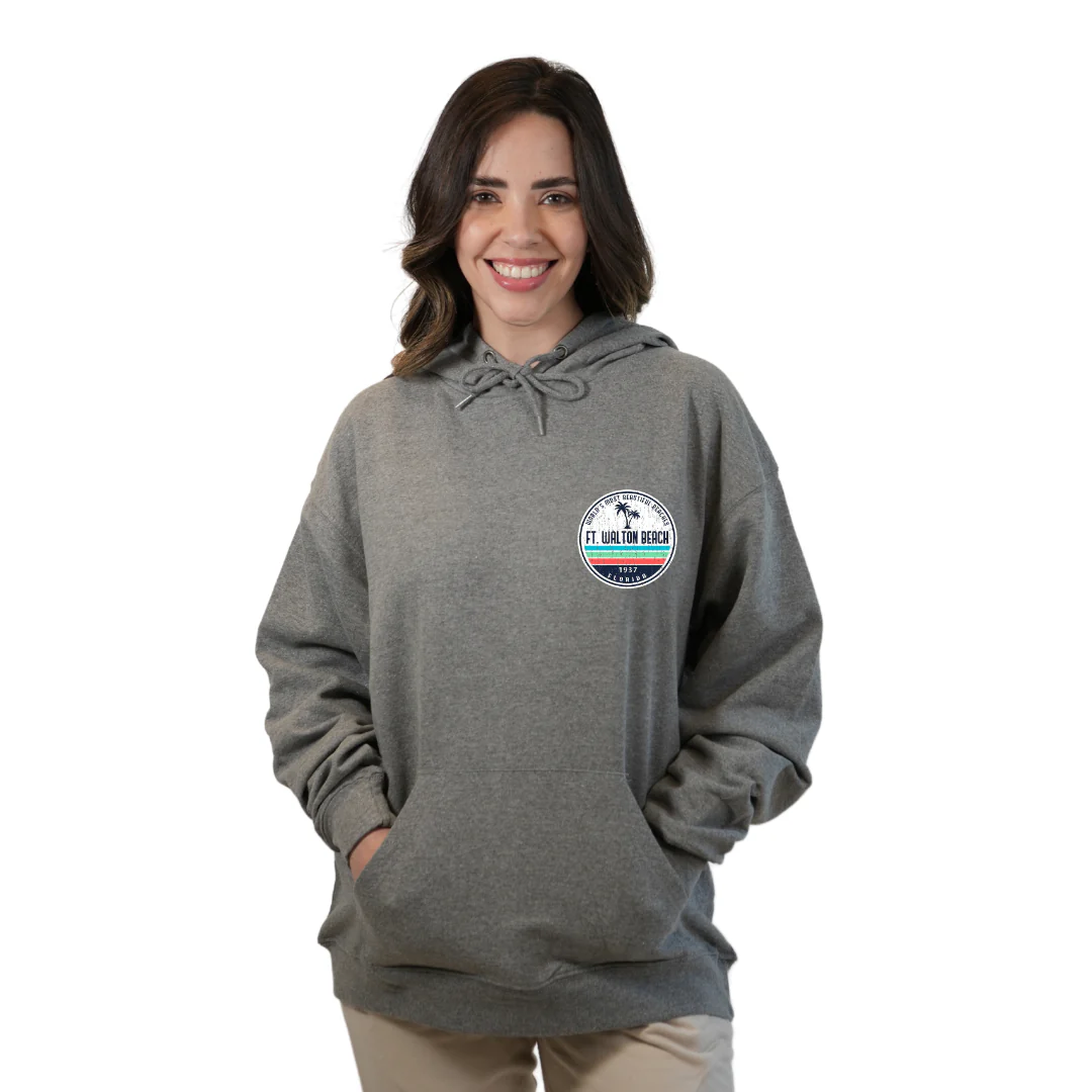 Ft. Walton Beach Pullover Hoodie Women with a a Front Pocket and back big circle 2 Palm Trees 1915 Design Style 252 - Image 11