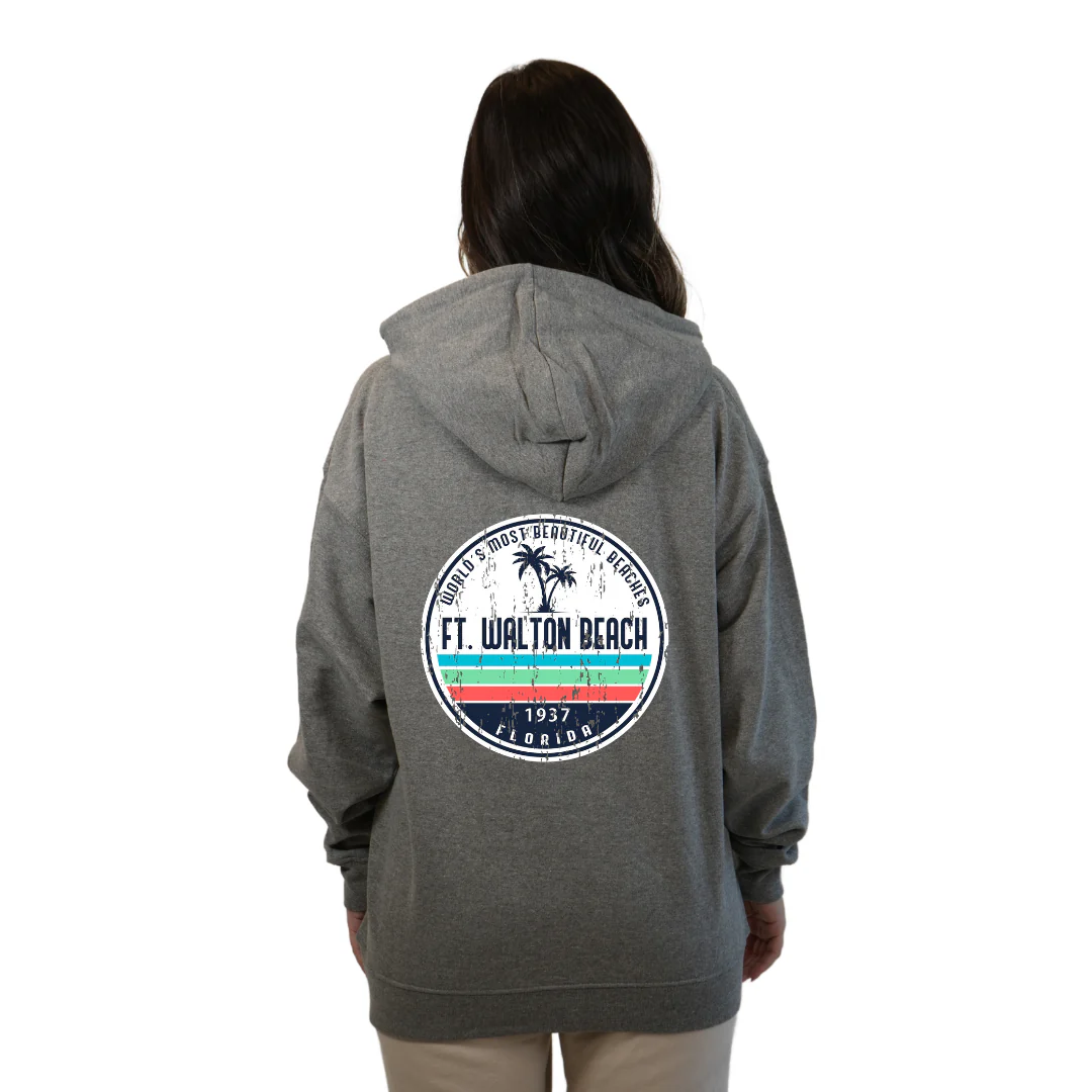 Ft. Walton Beach Pullover Hoodie Women with a a Front Pocket and back big circle 2 Palm Trees 1915 Design Style 252 - Image 12