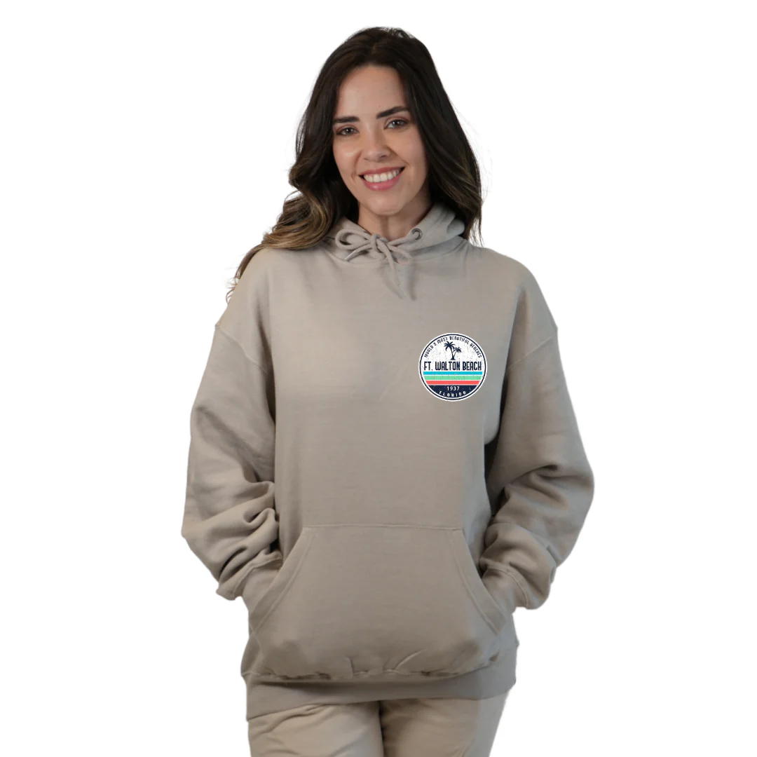 Ft. Walton Beach Pullover Hoodie Women with a a Front Pocket and back big circle 2 Palm Trees 1915 Design Style 252 - Image 13
