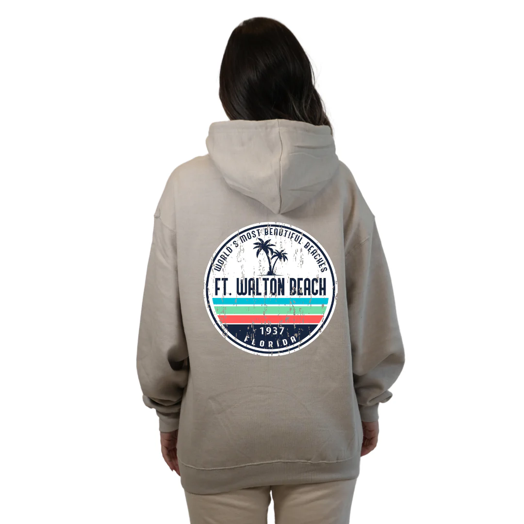 Ft. Walton Beach Pullover Hoodie Women with a a Front Pocket and back big circle 2 Palm Trees 1915 Design Style 252 - Image 14
