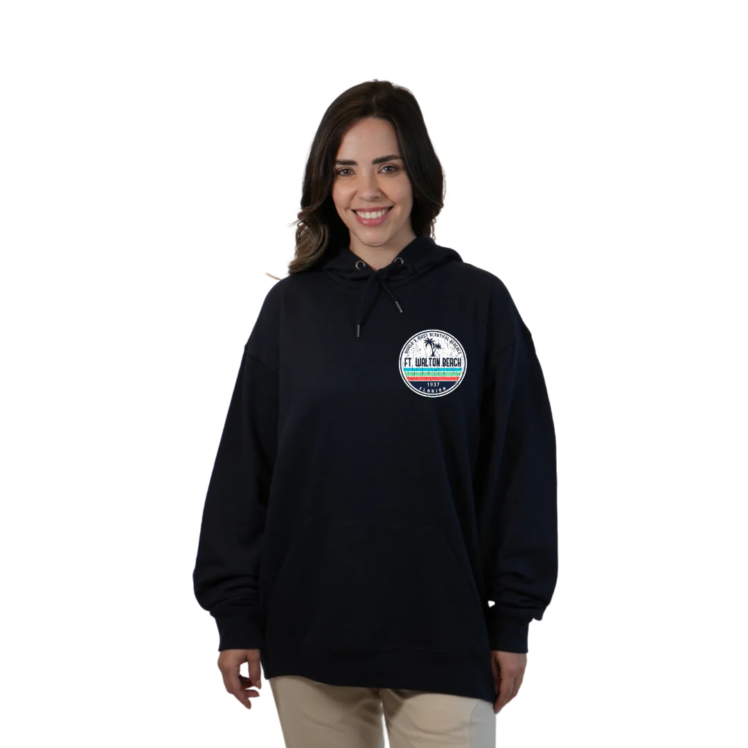 Ft. Walton Beach Pullover Hoodie Women with a a Front Pocket and back big circle 2 Palm Trees 1915 Design Style 252 - Image 15