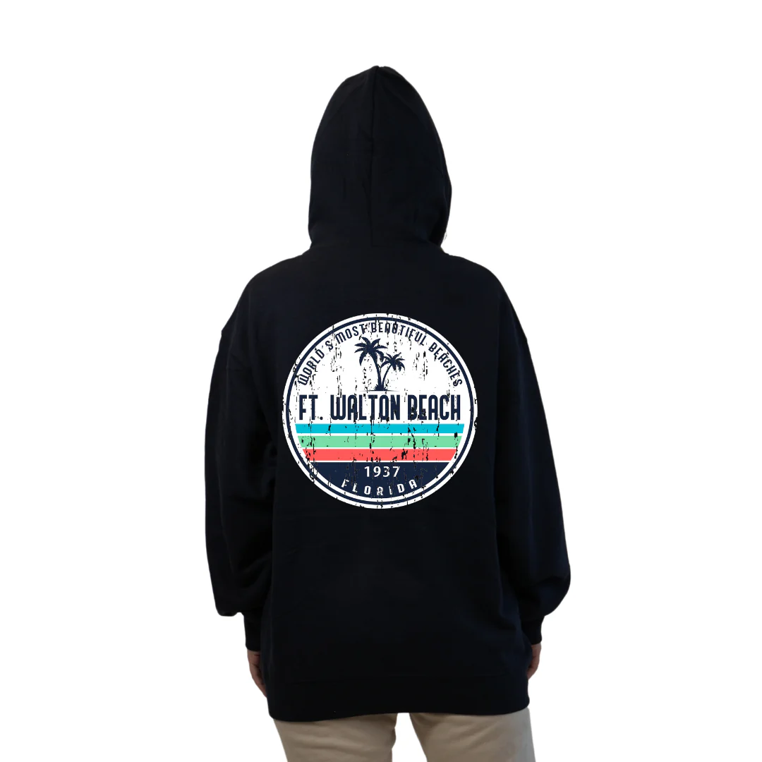 Ft. Walton Beach Pullover Hoodie Women with a a Front Pocket and back big circle 2 Palm Trees 1915 Design Style 252 - Image 16