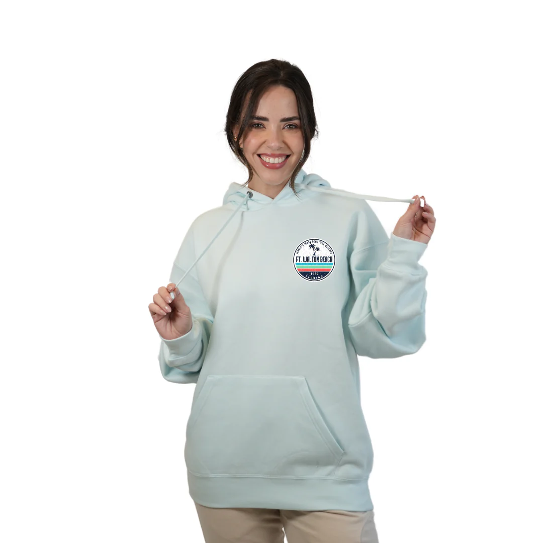 Ft. Walton Beach Pullover Hoodie Women with a a Front Pocket and back big circle 2 Palm Trees 1915 Design Style 252 - Image 3