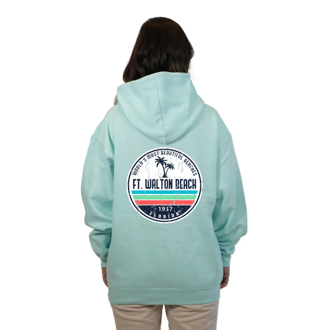 Ft. Walton Beach Pullover Hoodie Women with a a Front Pocket and back big circle 2 Palm Trees 1915 Design Style 252 - Image 4