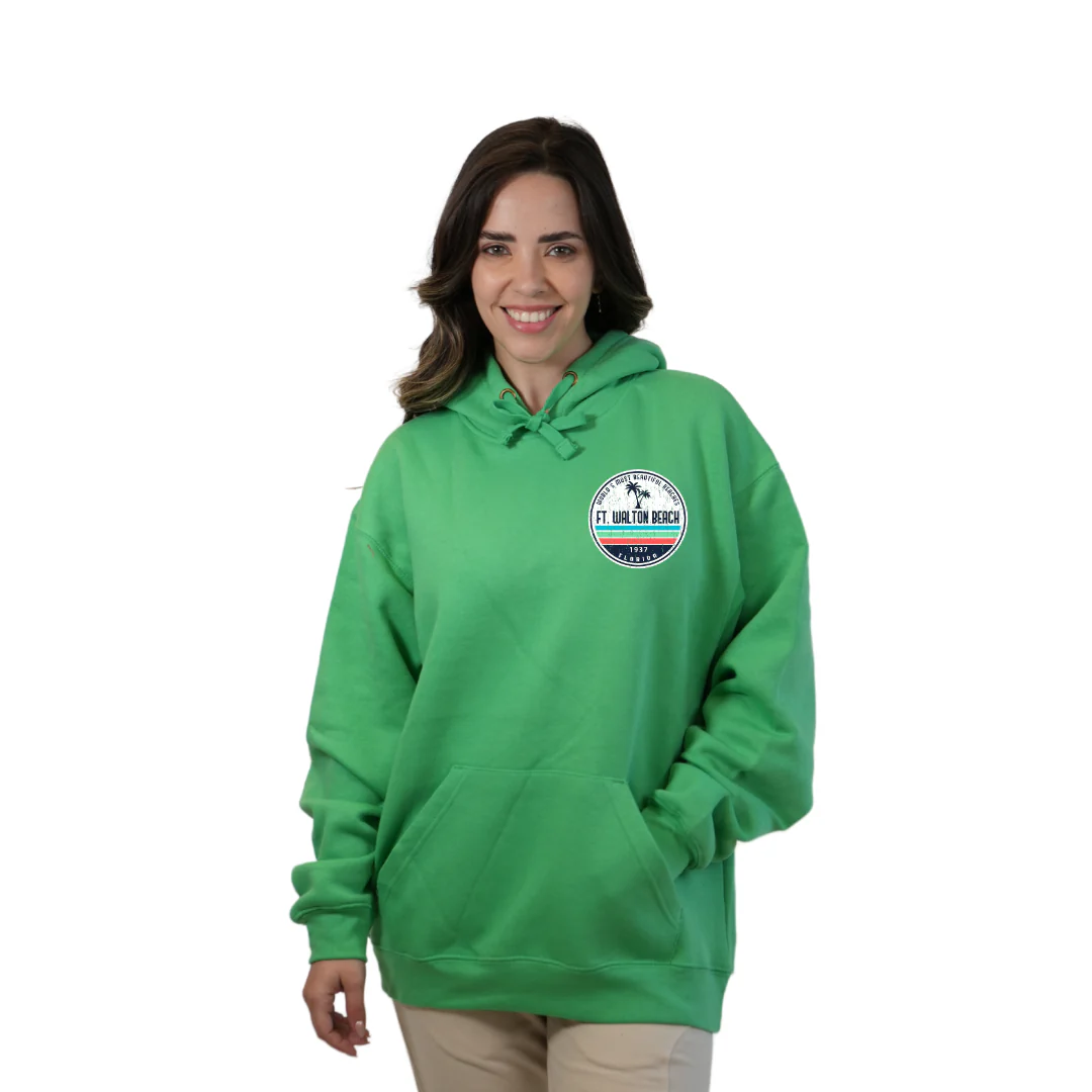 Ft. Walton Beach Pullover Hoodie Women with a a Front Pocket and back big circle 2 Palm Trees 1915 Design Style 252 - Image 5
