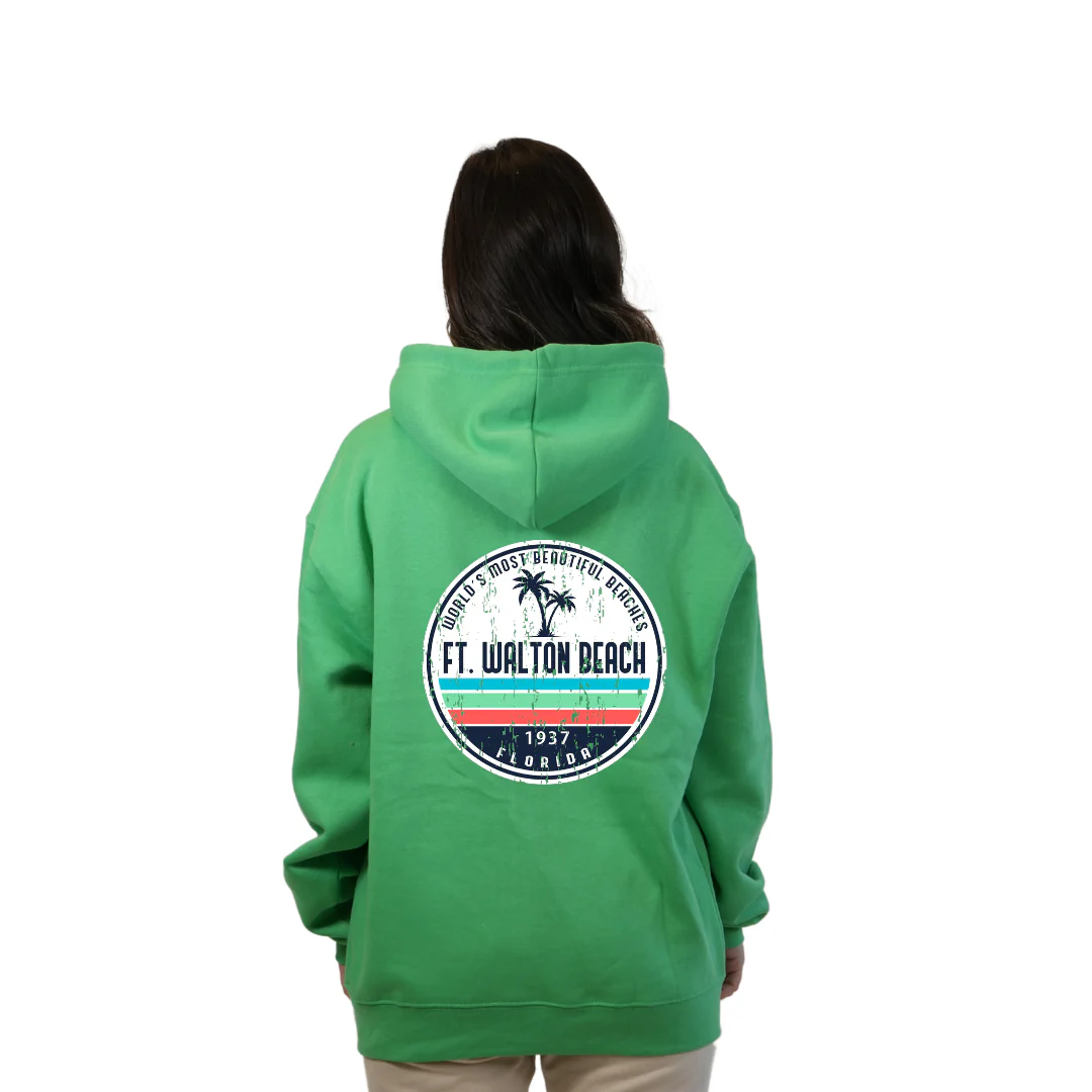 Ft. Walton Beach Pullover Hoodie Women with a a Front Pocket and back big circle 2 Palm Trees 1915 Design Style 252 - Image 6