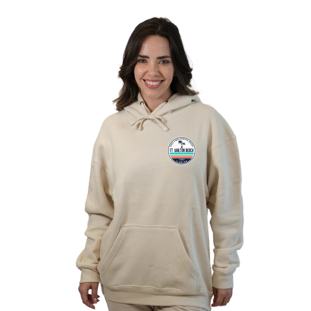 Ft. Walton Beach Pullover Hoodie Women with a a Front Pocket and back big circle 2 Palm Trees 1915 Design Style 252 - Image 7