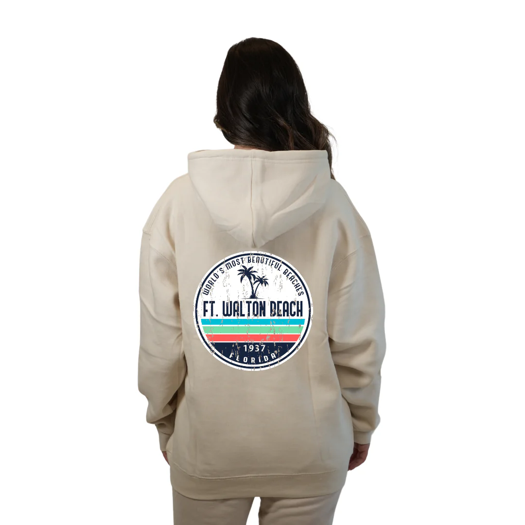 Ft. Walton Beach Pullover Hoodie Women with a a Front Pocket and back big circle 2 Palm Trees 1915 Design Style 252 - Image 8