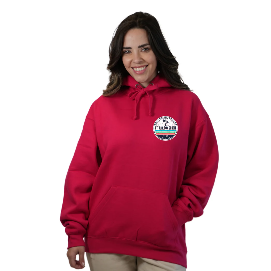 Ft. Walton Beach Pullover Hoodie Women with a a Front Pocket and back big circle 2 Palm Trees 1915 Design Style 252 - Image 9