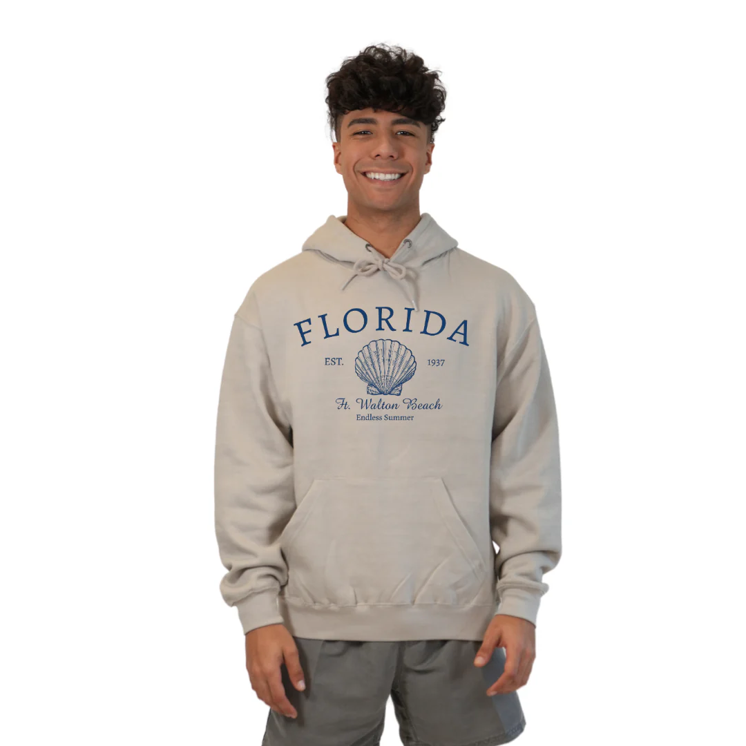 Ft. Walton Beach Pullover Hoodie Men with a Florida Shell Endless Summer Design Style 252 - Image 5