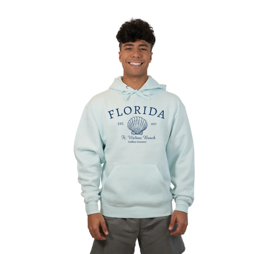 Ft. Walton Beach Pullover Hoodie Men with a Florida Shell Endless Summer Design Style 252 - Image 6
