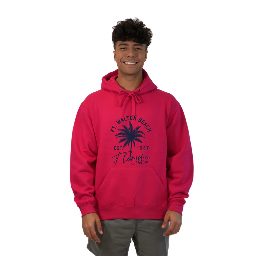Ft. Walton Beach Pullover Hoodie Men with a Front Palm Tree Est. 1984 Design Style 252 - Image 4