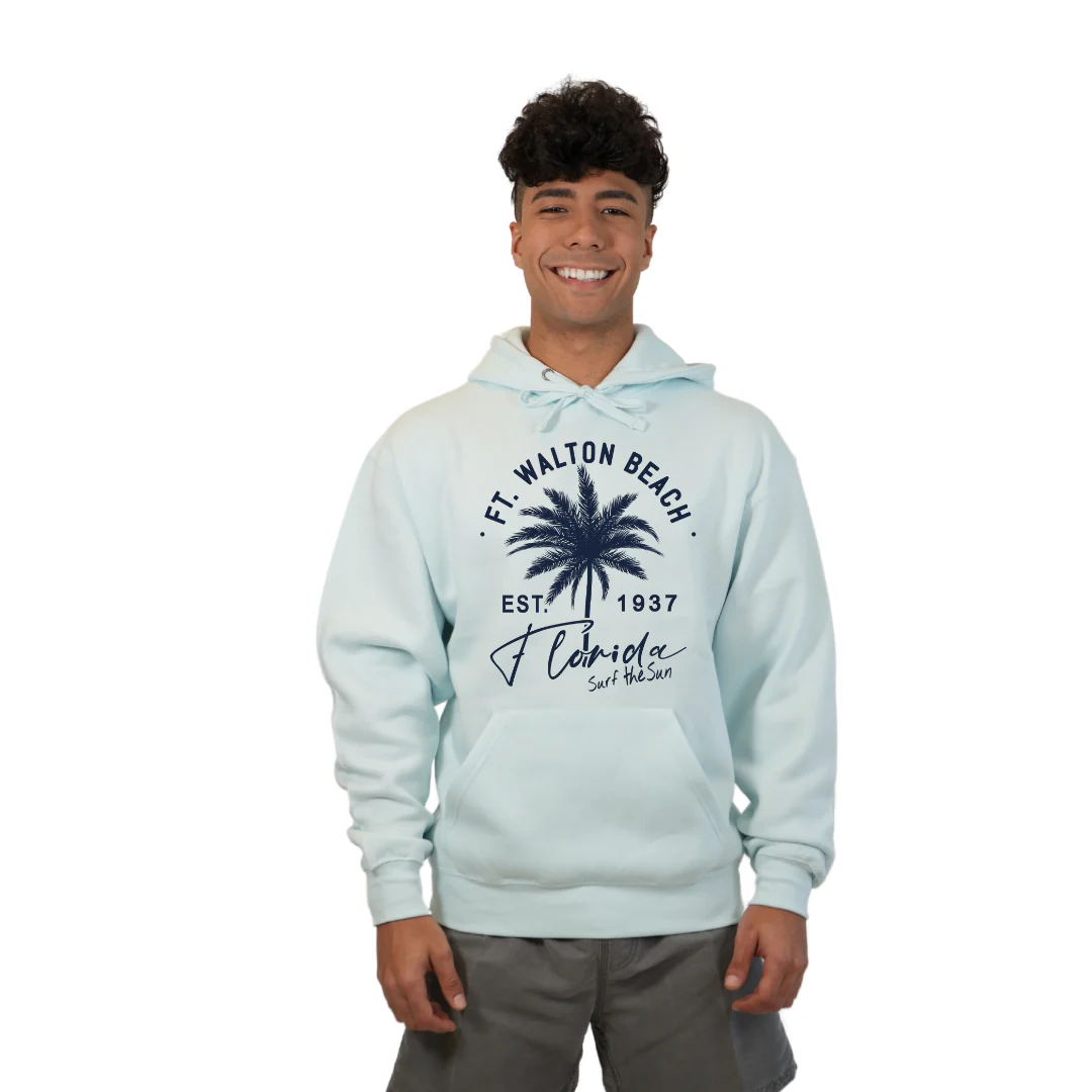 Ft. Walton Beach Pullover Hoodie Men with a Front Palm Tree Est. 1984 Design Style 252 - Image 5