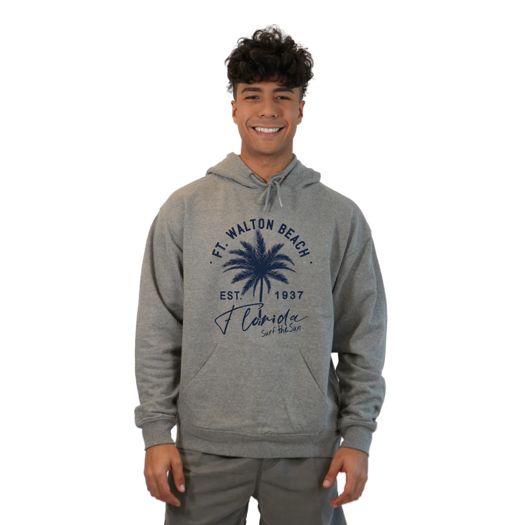 Ft. Walton Beach Pullover Hoodie Men with a Front Palm Tree Est. 1984 Design Style 252 - Image 6