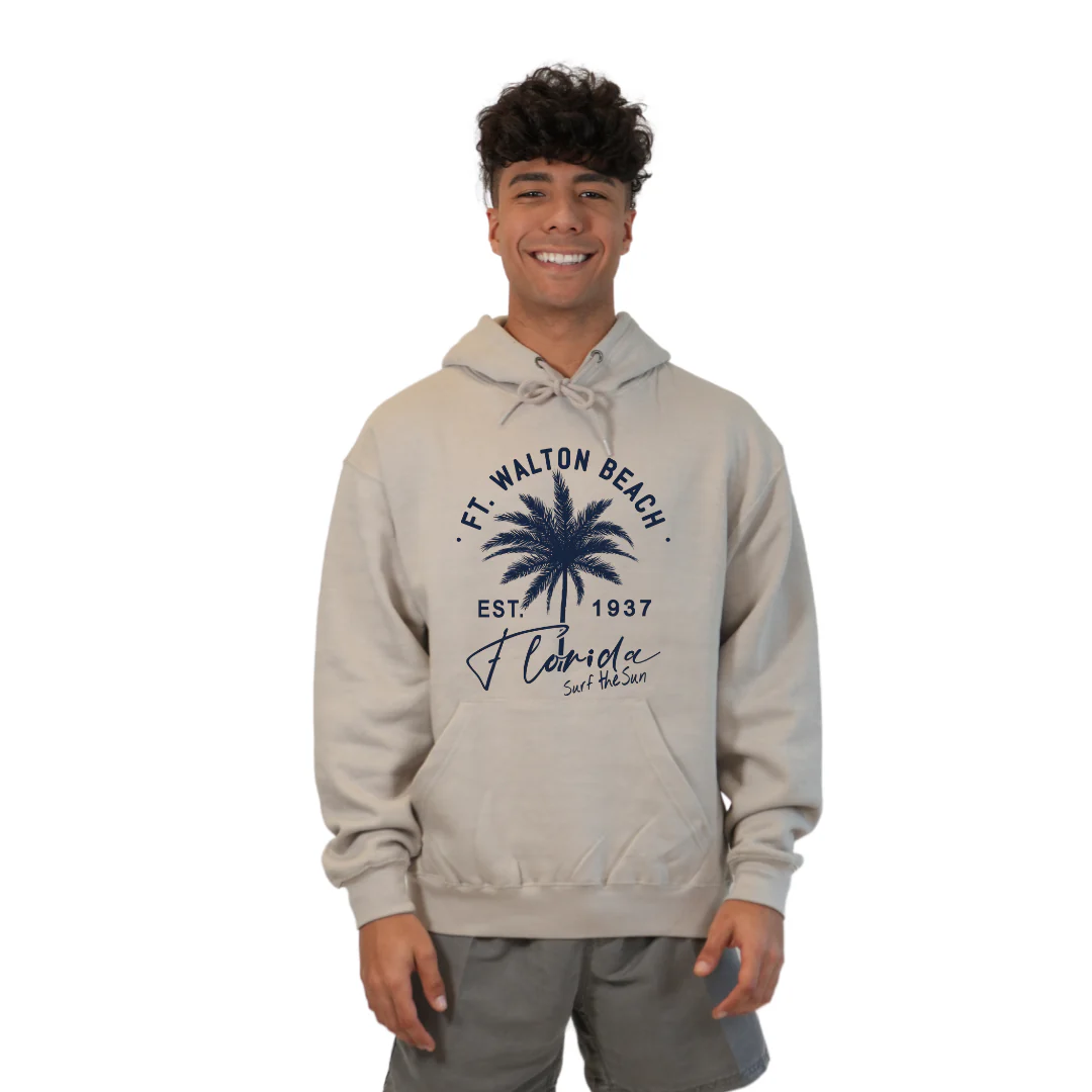 Ft. Walton Beach Pullover Hoodie Men with a Front Palm Tree Est. 1984 Design Style 252 - Image 7