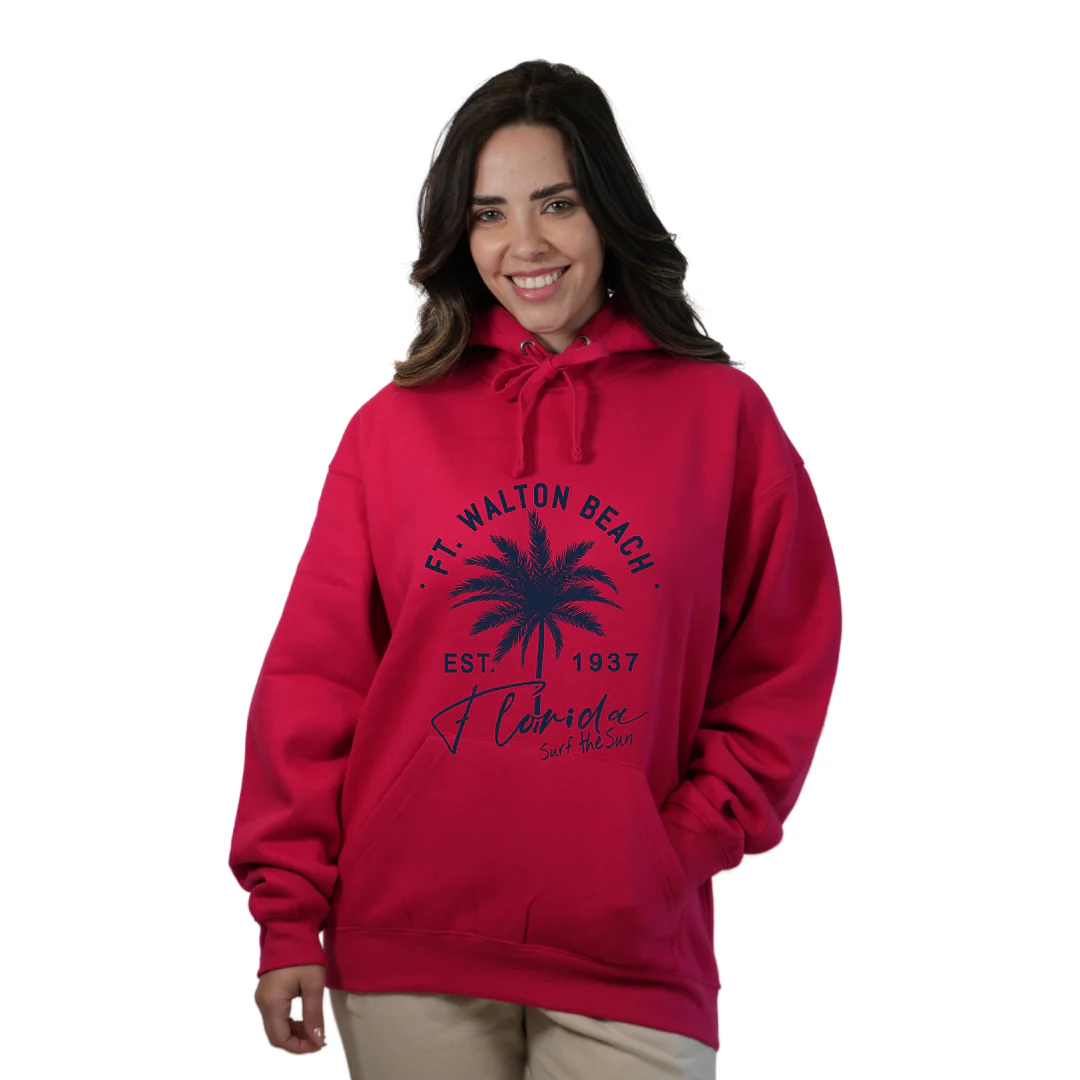 Ft. Walton Beach Pullover Hoodie Women with a Front Palm Tree Est. 1984 Design Style 252 - Image 2