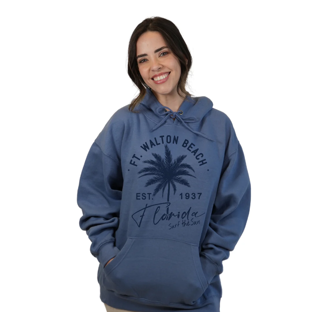 Ft. Walton Beach Pullover Hoodie Women with a Front Palm Tree Est. 1984 Design Style 252 - Image 3