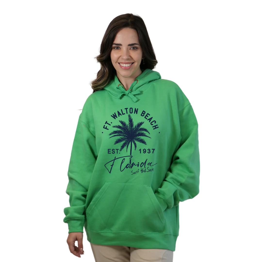 Ft. Walton Beach Pullover Hoodie Women with a Front Palm Tree Est. 1984 Design Style 252 - Image 4