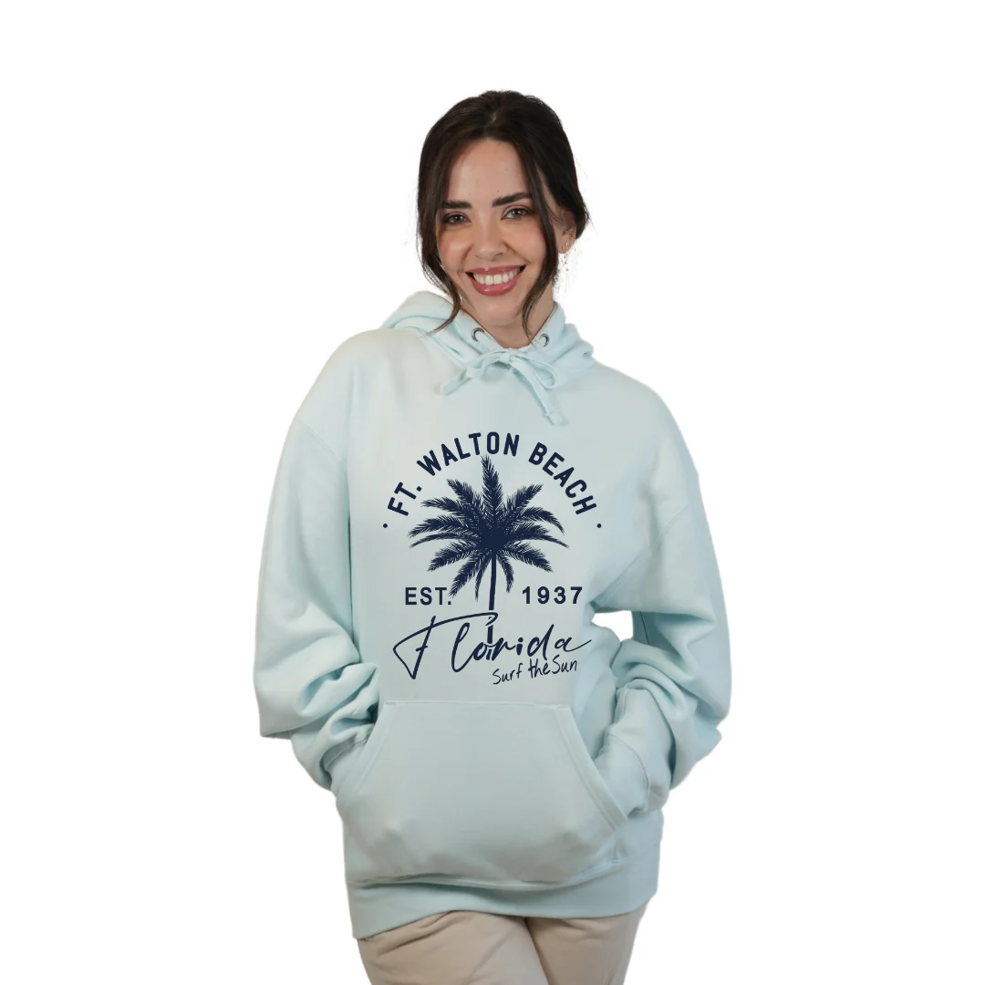 Ft. Walton Beach Pullover Hoodie Women with a Front Palm Tree Est. 1984 Design Style 252 - Image 5