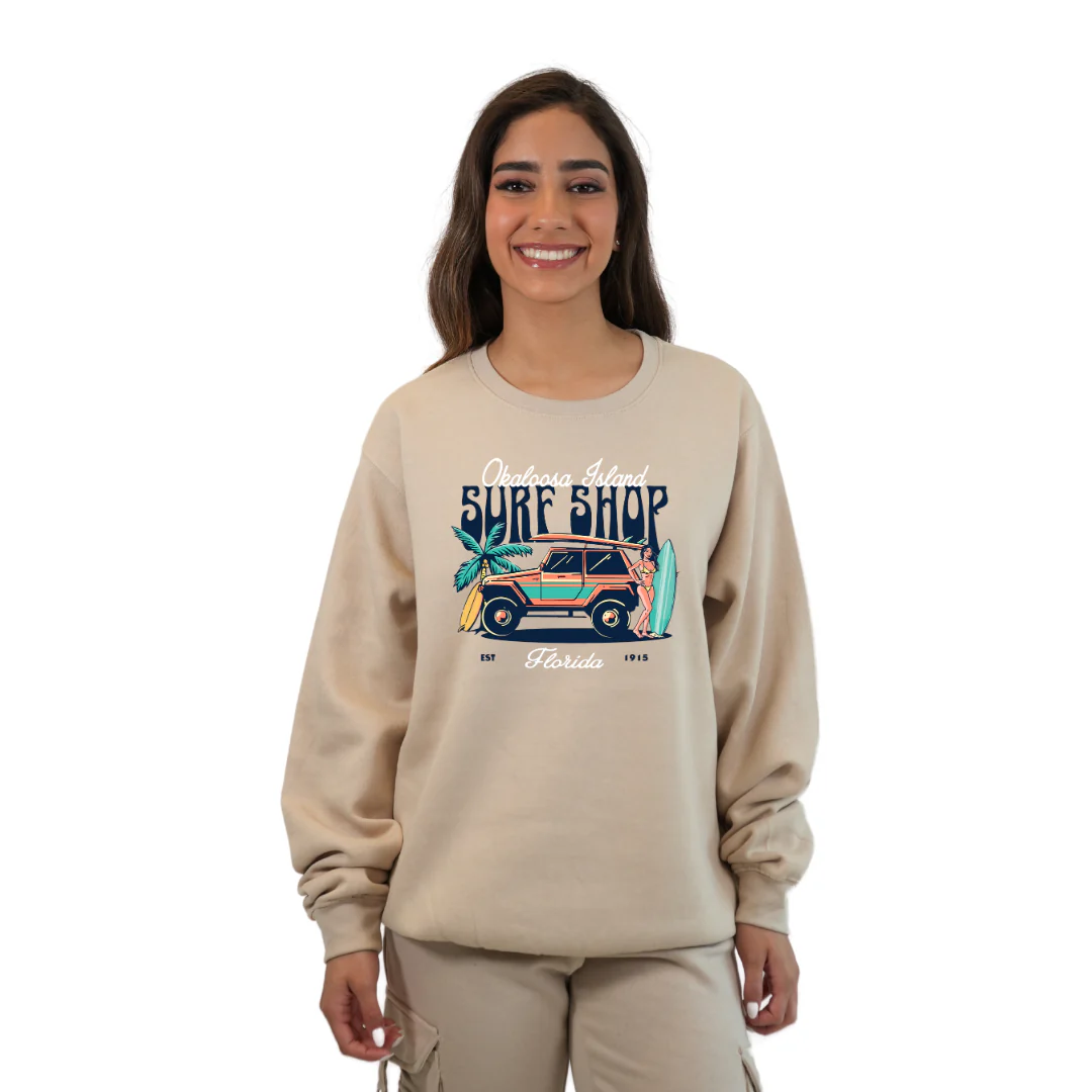 Okaloosa Island Fleece Crewneck Sweatshirt Women  with Surf Shop Front Design Style 067 - Image 2