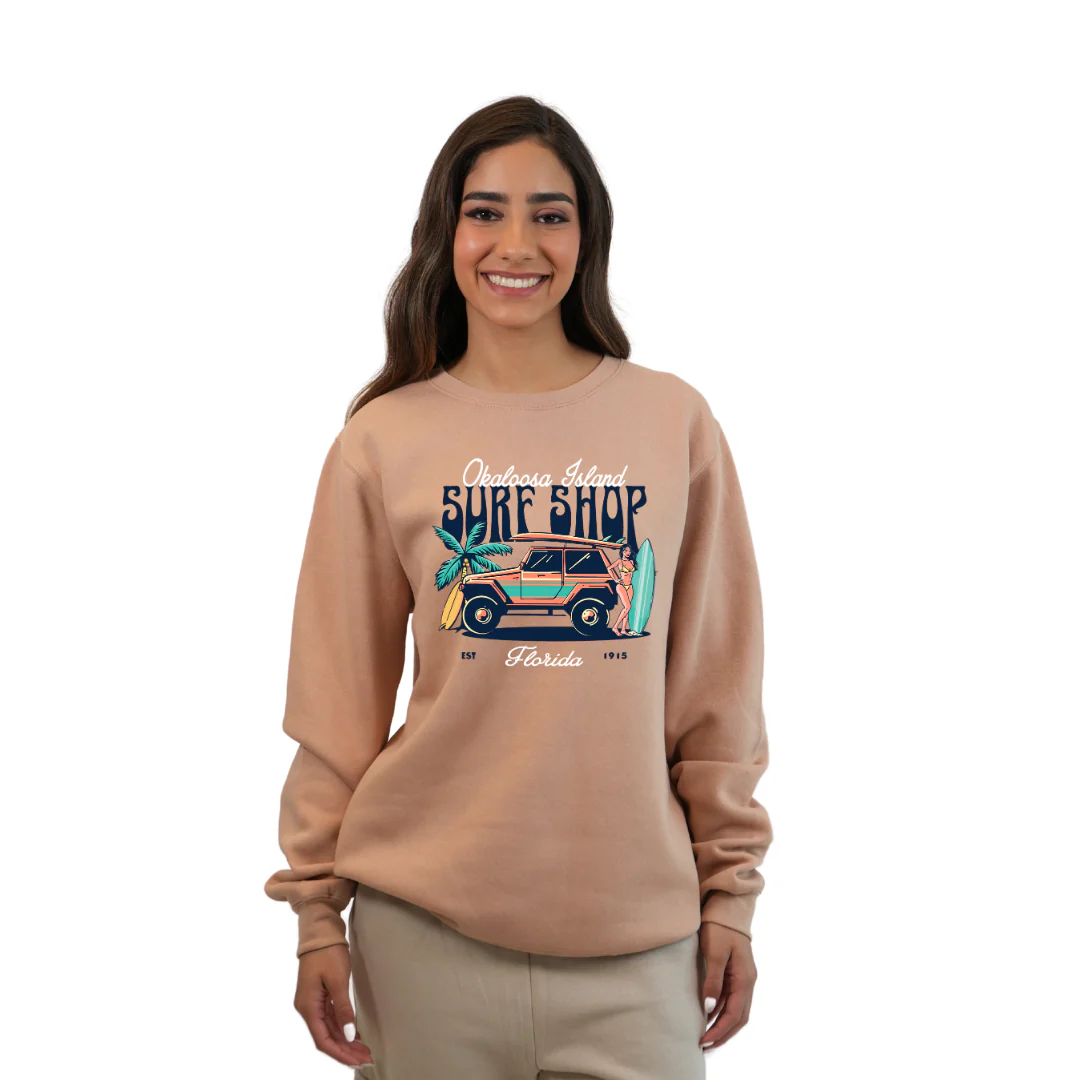 Okaloosa Island Fleece Crewneck Sweatshirt Women  with Surf Shop Front Design Style 067 - Image 3