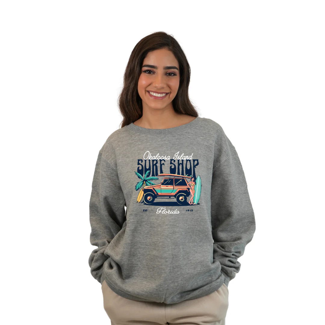Okaloosa Island Fleece Crewneck Sweatshirt Women  with Surf Shop Front Design Style 067 - Image 4