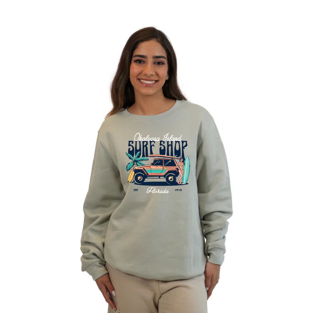Okaloosa Island Fleece Crewneck Sweatshirt Women  with Surf Shop Front Design Style 067 - Image 5
