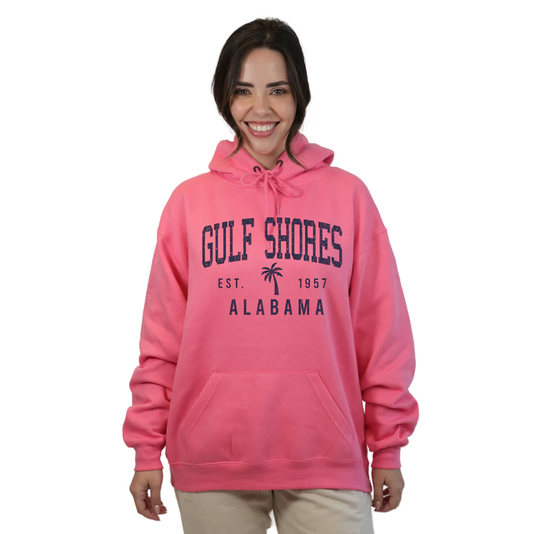 Gulf Shores Alabama Pullover Hoodie Women with Front Big Letters and Palm Tree Est. 1957 Design Style 252 - Image 3