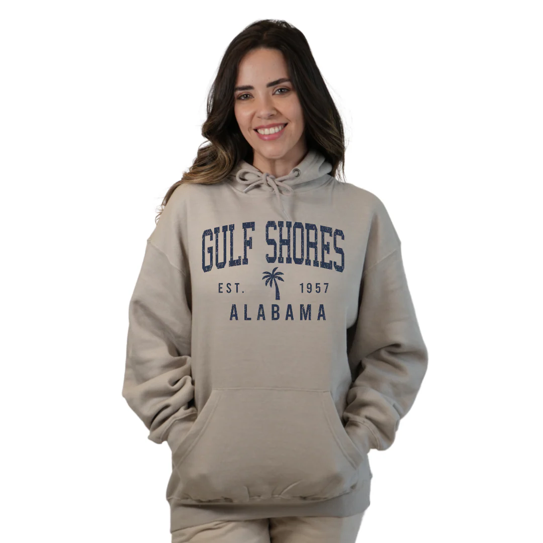 Gulf Shores Alabama Pullover Hoodie Women with Front Big Letters and Palm Tree Est. 1957 Design Style 252 - Image 4