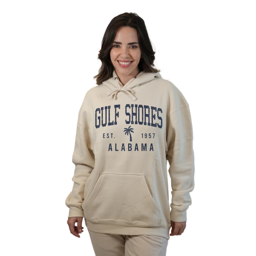 Gulf Shores Alabama Pullover Hoodie Women with Front Big Letters and Palm Tree Est. 1957 Design Style 252 - Image 5