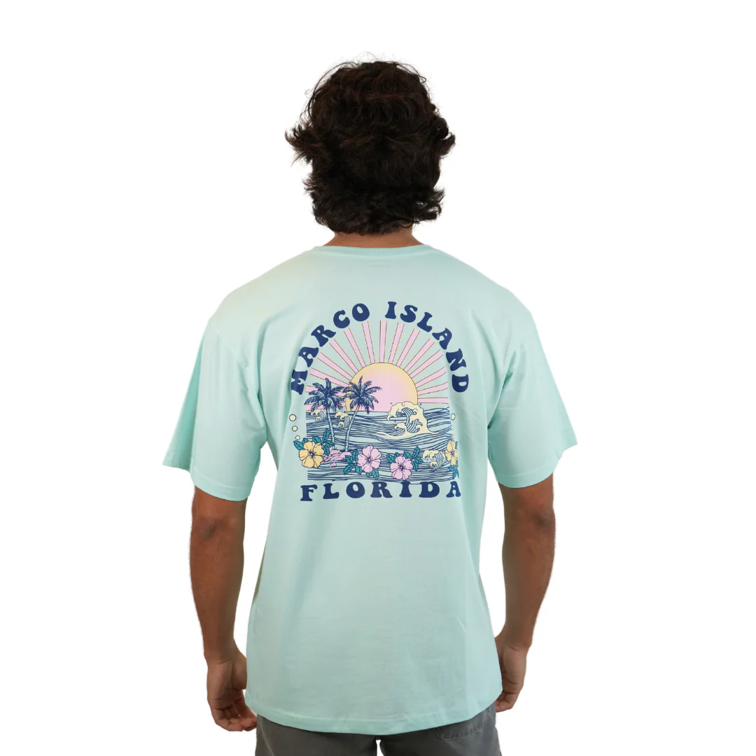 Marco Island Wave/ 2 Hibiscus Combed/Cotton Unisex SeaFoam T-Shirt Style Cc1000 - Image 2