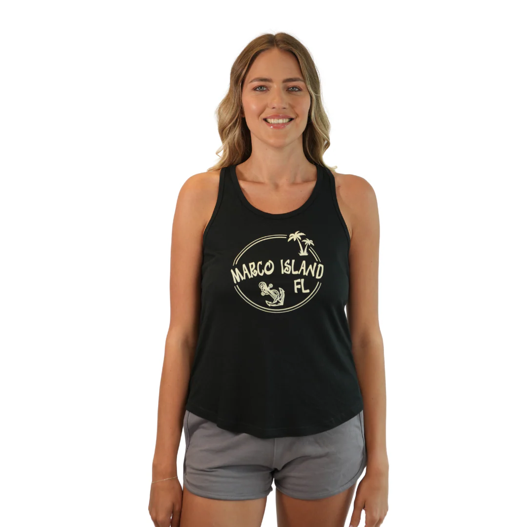 Marco Island Women Cross Racerback Tank with Circle Palm Tree and Anchor Design Colors White and Black Style 196 - Image 3