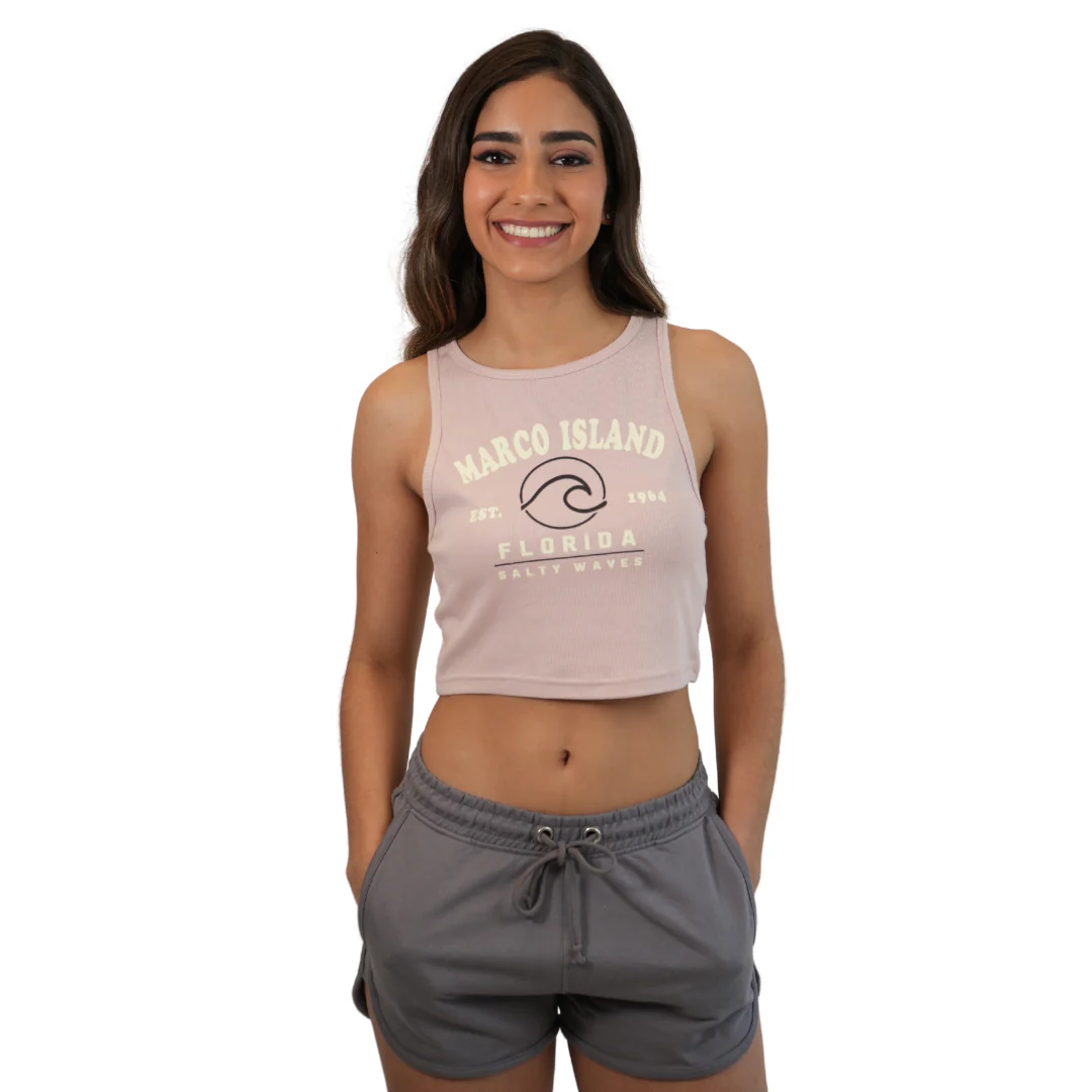 Marco Island Women Knot Crop Top with Salty Waves Est. 1964 Design Color Black | Mauve Style 141 - Image 3