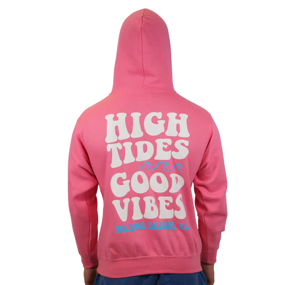 Miami Beach  High Tides Good Vibes Pullover Hoodie Unisex  Flamingo Pink Style 252 - Image 3
