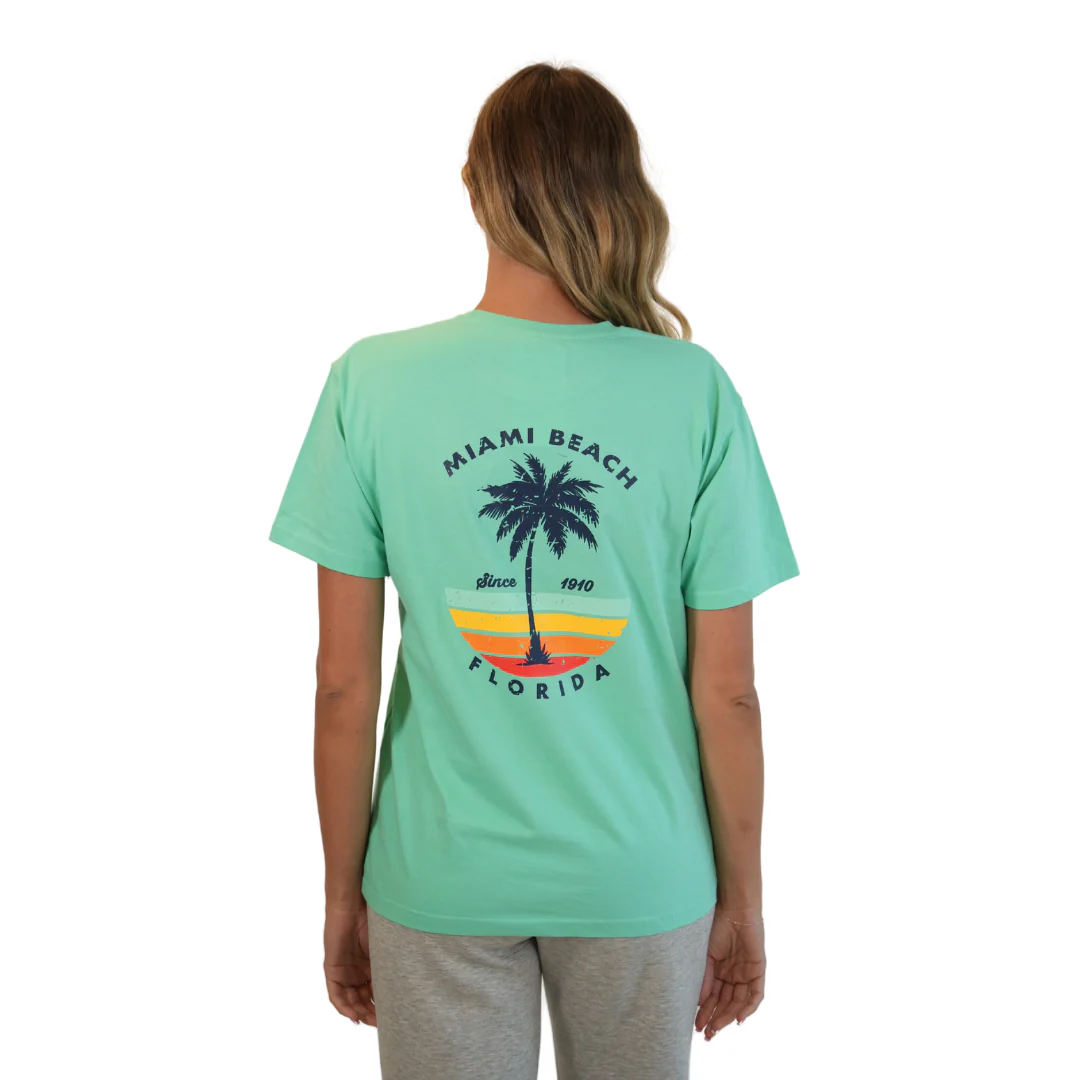 Miami Palm Tree/ Stripes Combed/Cotton Women Mint T-Shirt Style Cc1000 - Image 2