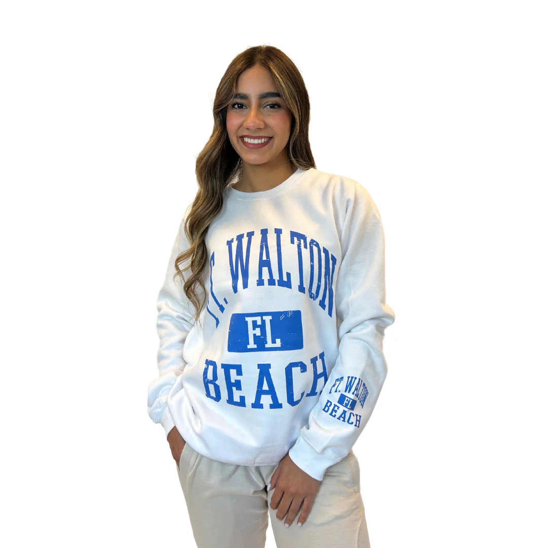 Ft. Walton, Fl Fleece Crewneck Sweatshirt Women with a Front and the left sleeve design Style 067 - Image 2