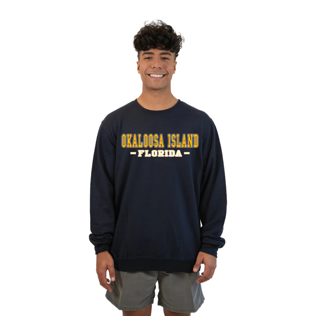Okaloosa Island Fleece Crewneck Sweatshirt Men  with Yellow City Name Front Design Style 067 - Image 2