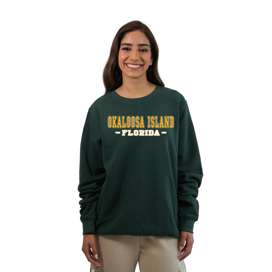 Okaloosa Island Fleece Crewneck Sweatshirt Women  with Yellow City Name Front Design Style 067 - Image 2