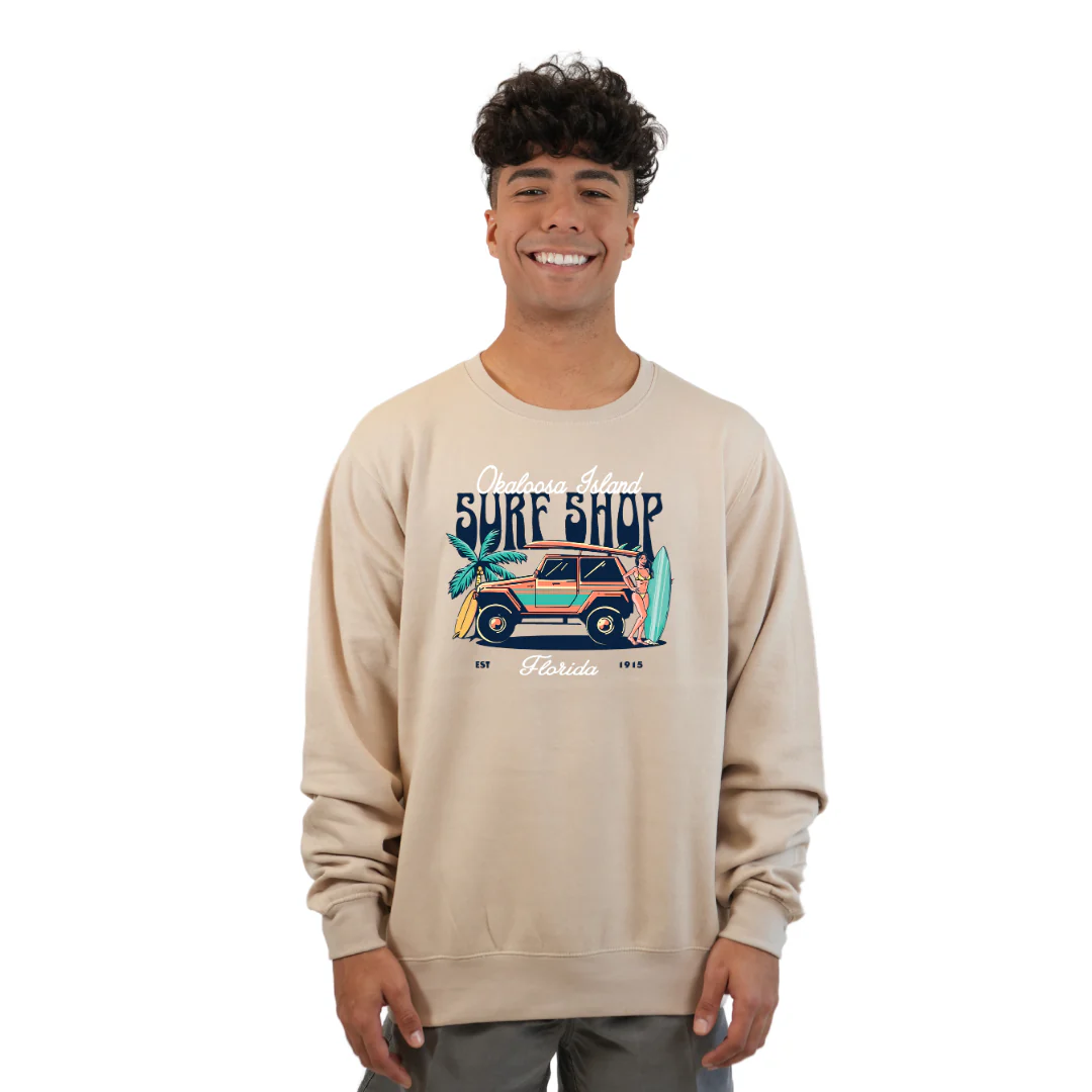 Okaloosa Island Fleece Crewneck Sweatshirt Men  with Surf Shop Front Design Style 067 - Image 2