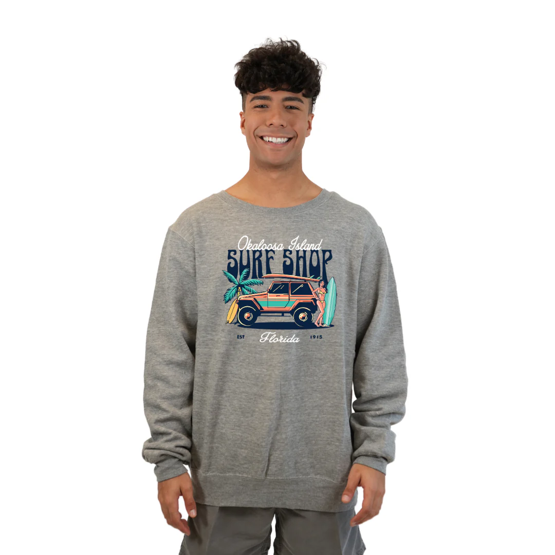 Okaloosa Island Fleece Crewneck Sweatshirt Men  with Surf Shop Front Design Style 067 - Image 3