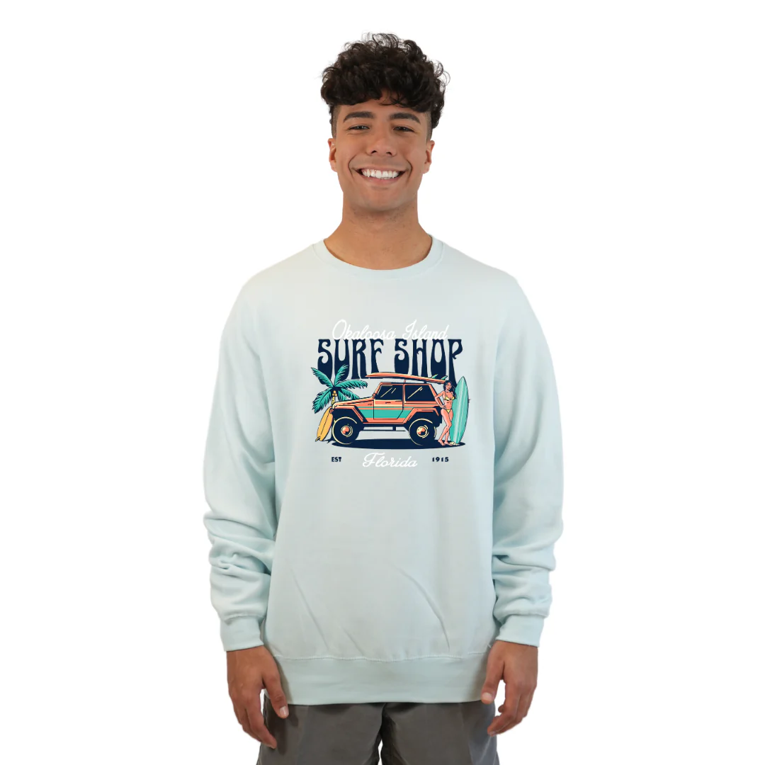 Okaloosa Island Fleece Crewneck Sweatshirt Men  with Surf Shop Front Design Style 067 - Image 5