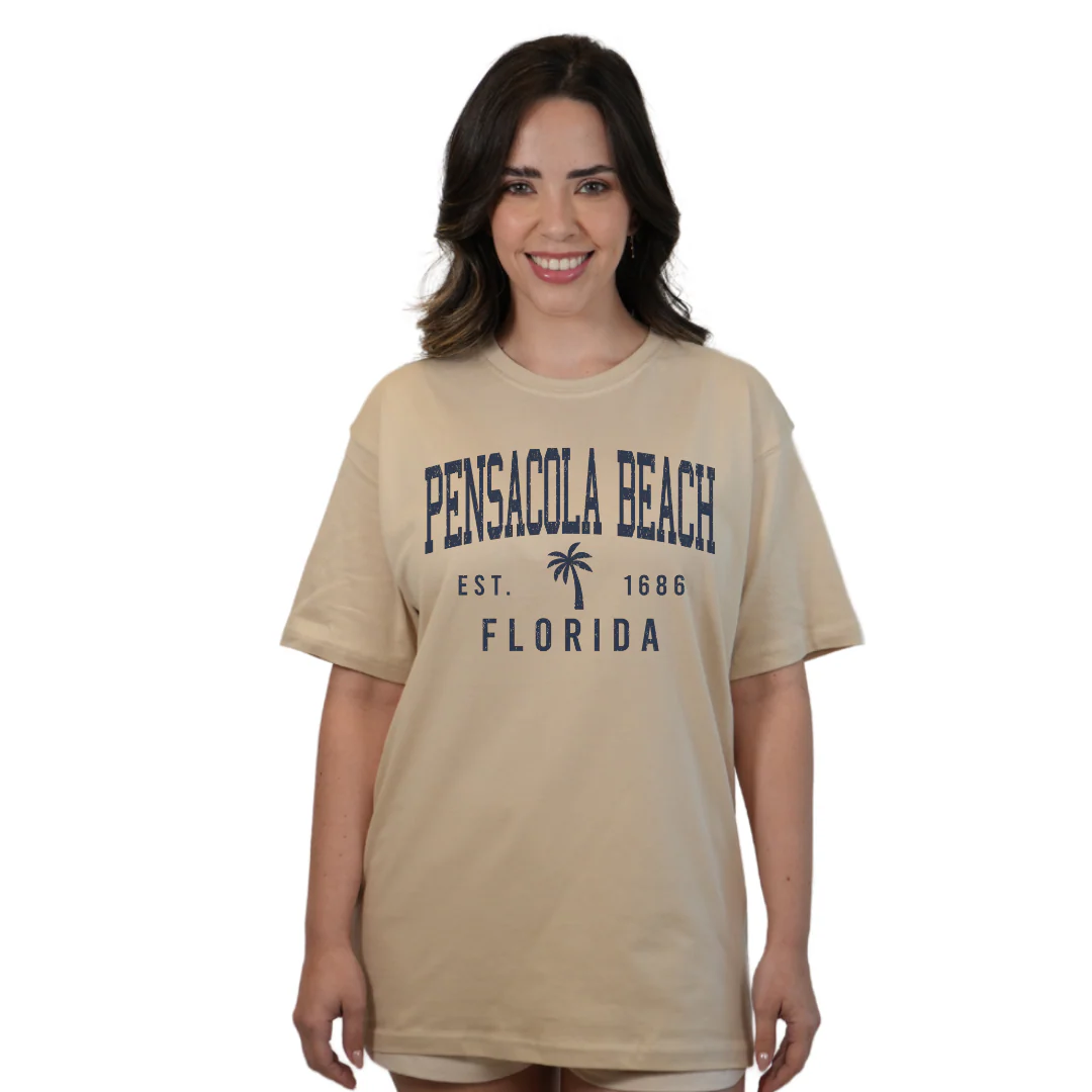 Pensacola Beach Combed Cotton Women T-Shirt with a Front Palm Tree Design Est. 1686 Style CC1000 - Image 5
