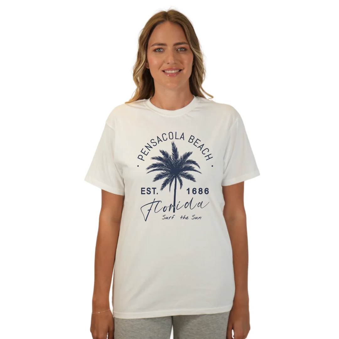 Pensacola Beach Combed Cotton Women T-Shirt with a Front Big Palm Tree Est. 1686 Design Style CC1000 - Image 11