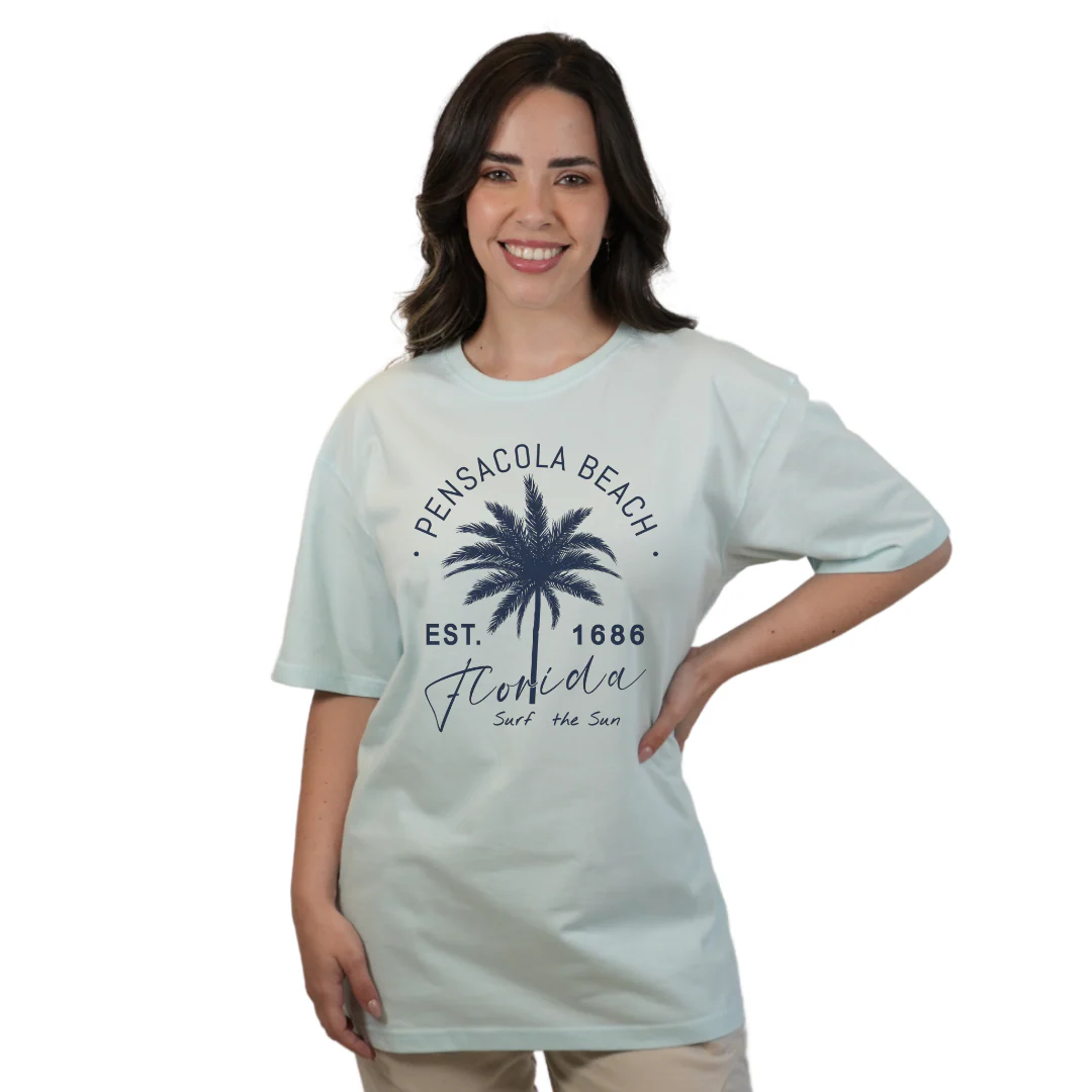 Pensacola Beach Combed Cotton Women T-Shirt with a Front Big Palm Tree Est. 1686 Design Style CC1000 - Image 3