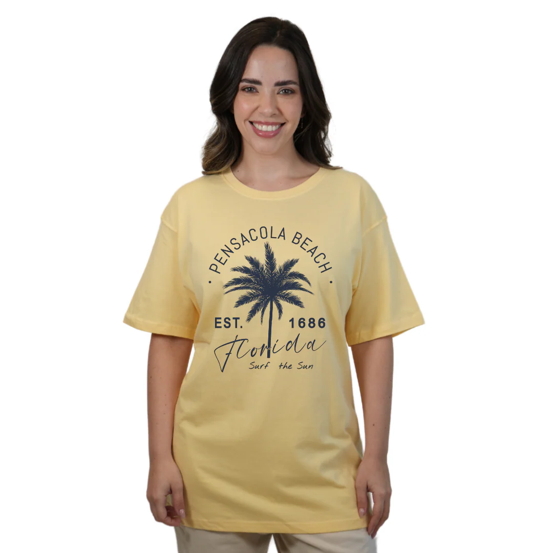 Pensacola Beach Combed Cotton Women T-Shirt with a Front Big Palm Tree Est. 1686 Design Style CC1000 - Image 4